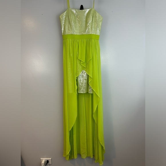Cache Bright Green Sequin Chiffon Strapless High-Low Maxi/Mini Dress Size 4 Lime - Picture 3 of 16
